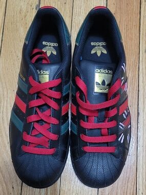 adidas Kids Superstar Sneakers in Black with Red and Teal Accents